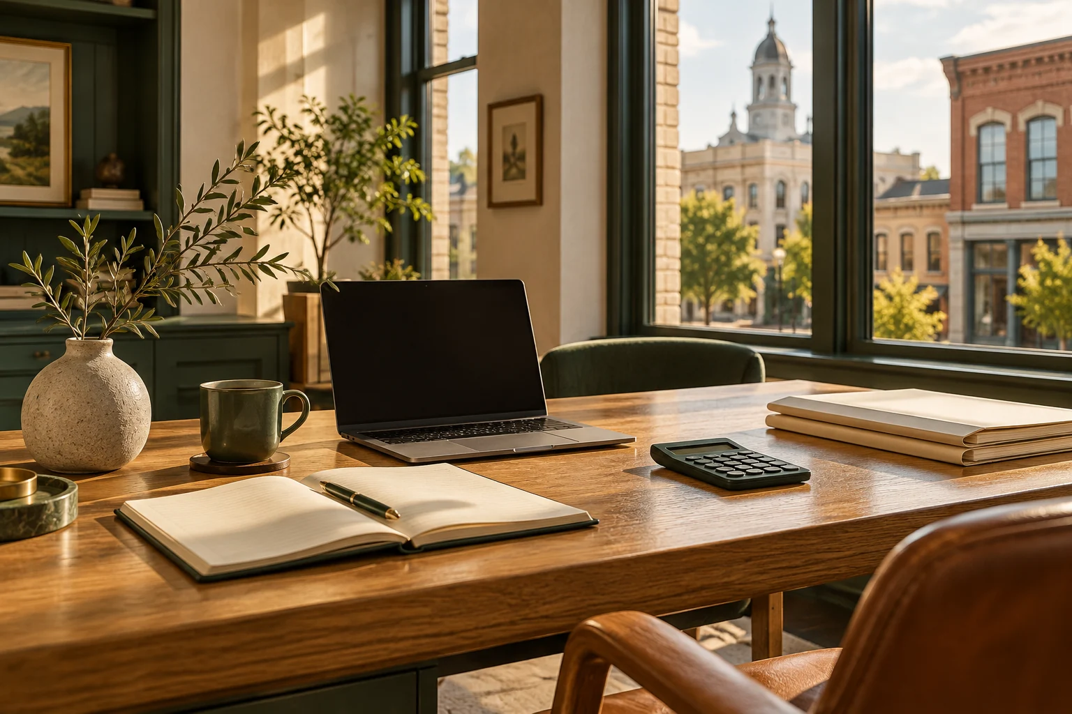 Illustrative sunlit workspace with an oak desk, notebook, laptop, and a view of downtown architecture